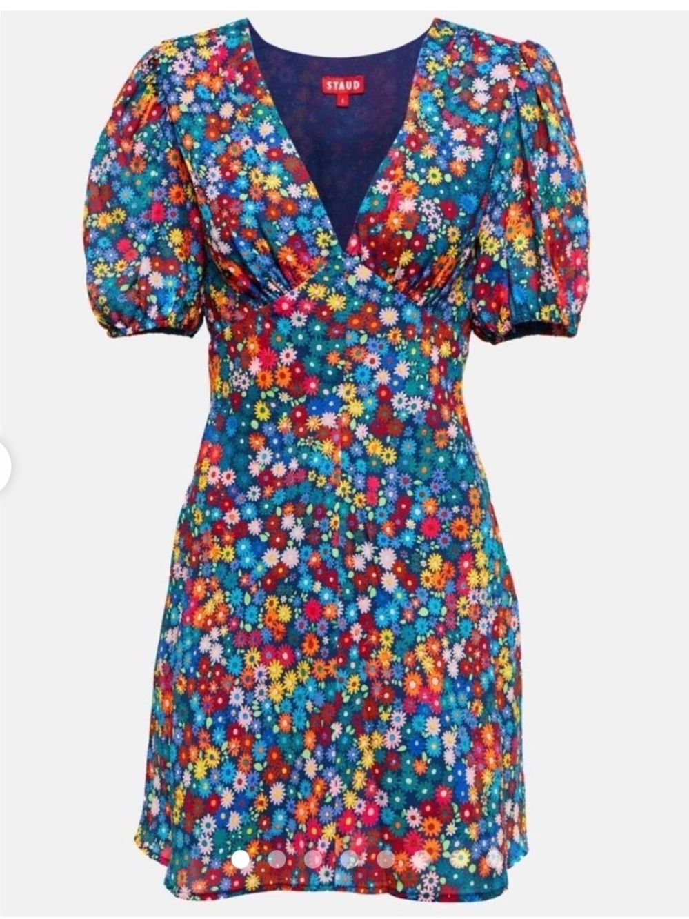 STAUD Multicolor Floral V-Neck Puff-Sleeve Mini Dress